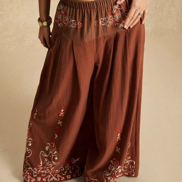 Coffee Brown Women's Patchwork Embroidered Wide Leg Pants - Picture 4 of 10